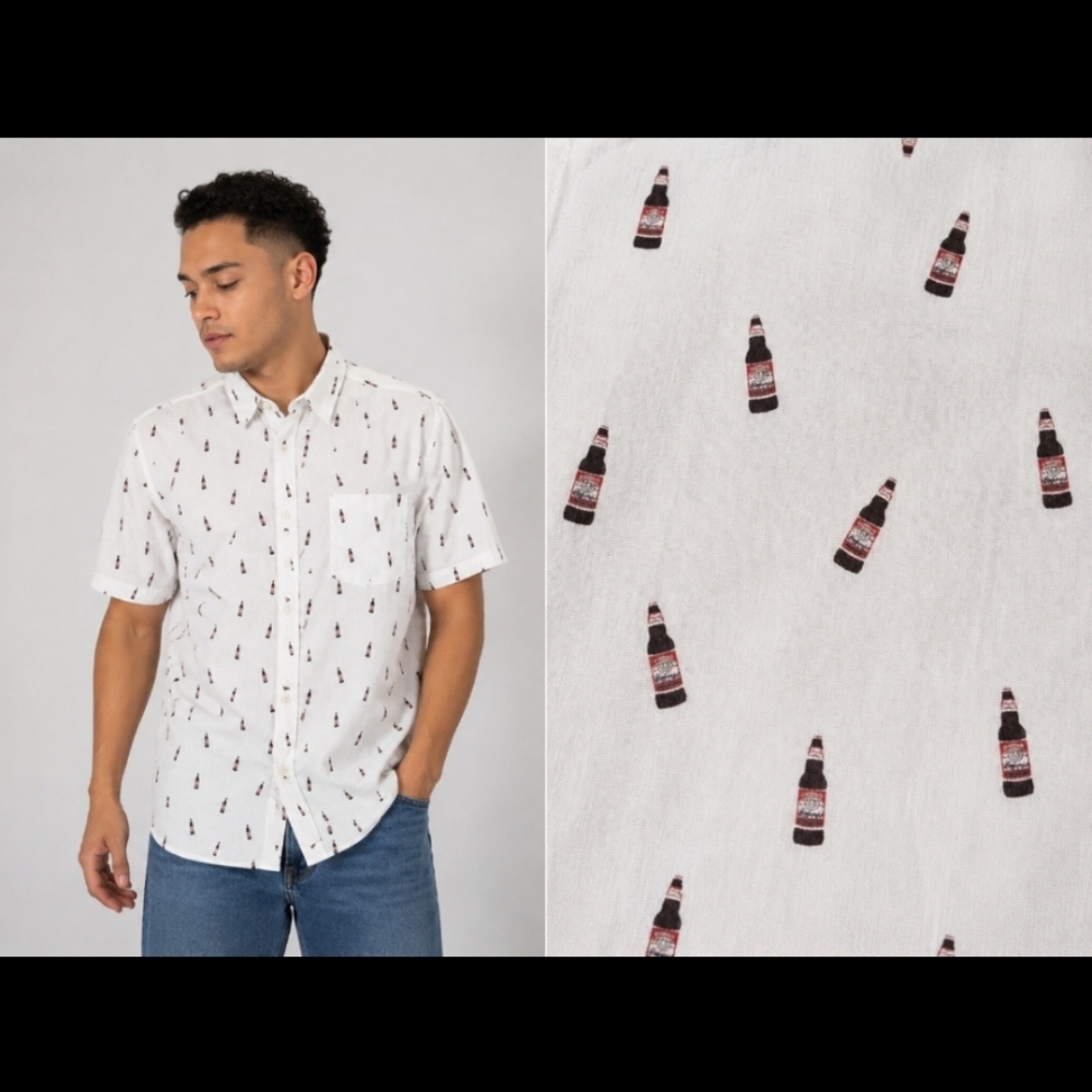 Budweiser Beer Bottle Novelty Print Button-up XL Cotton Shirt
